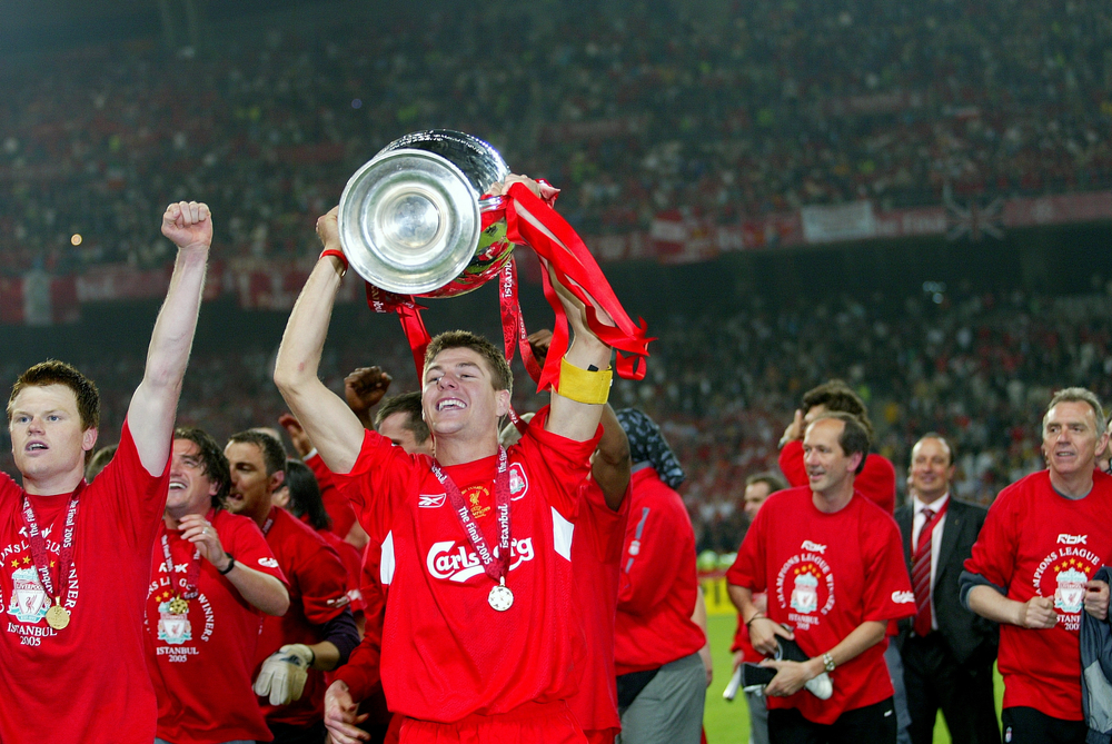 Another Liverpool legend - Steven Gerrard holds the Champions League trophy into the Istanbul night sky on May 25, 2005. Photo: Shutterstock