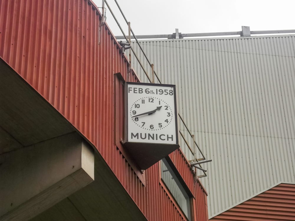 This clock at Old Trafford Stadium commemorates February 6th, 1958 - the worst day in Manchester United history. Photo: Shutterstock