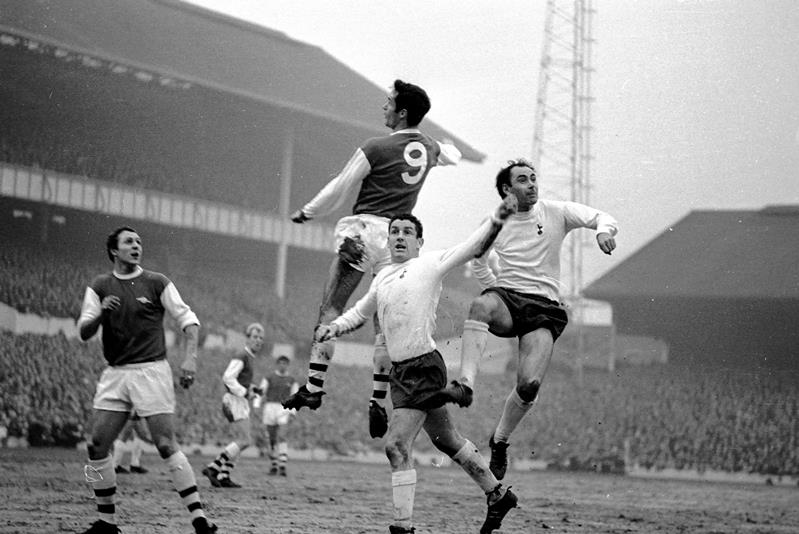 White Hart Lane 20 January 1968: Arsenal's Ariel and George Graham (No 9) in a heading for the ball with Spurs' David Mackay and Alan Gilzean (right).